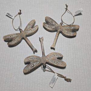 Set of 3 Wooden Dragonfly Ornaments Deco Farmhouse  NEW